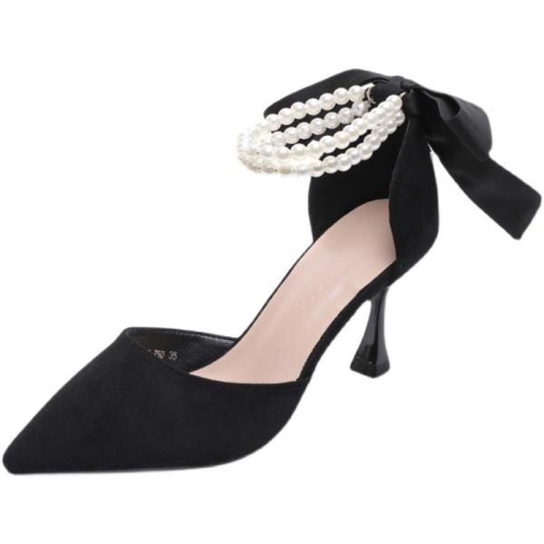 Women's Black High Heel Pumps - Pointed Toe Design with Elegant Bow and Luxurious Pearls
