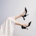 Women's Black High Heel Pumps - Pointed Toe Design with Elegant Bow and Luxurious Pearls