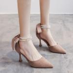 Women's Black High Heel Pumps - Pointed Toe Design with Elegant Bow and Luxurious Pearls