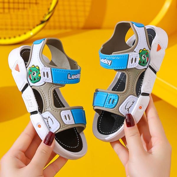A pair of boys' cartoon design flat sandals with hook and loop, cute for summer