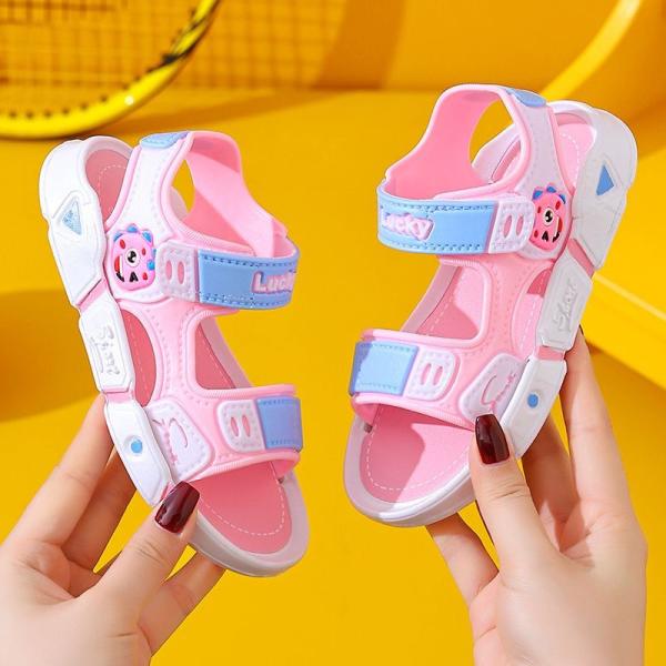 A pair of boys' cartoon design flat sandals with hook and loop, cute for summer