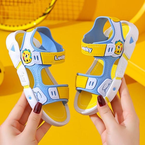 A pair of boys' cartoon design flat sandals with hook and loop, cute for summer