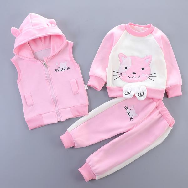Three pieces of spring and autumn clothing for girls and boys, made of the finest fabrics.