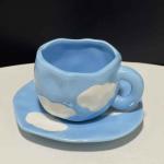 Ceramic coffee cup and coaster, artistic ceramic set, an aesthetic touch that speaks elegance with a hand-drawn cloud drawing