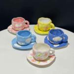 Ceramic coffee cup and coaster, artistic ceramic set, an aesthetic touch that speaks elegance with a hand-drawn cloud drawing