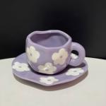 Ceramic coffee cup and coaster, artistic ceramic set, an aesthetic touch that speaks elegance with a hand-drawn cloud drawing