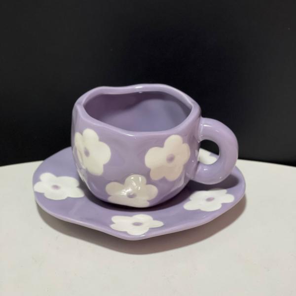 Ceramic coffee cup and coaster, artistic ceramic set, an aesthetic touch that speaks elegance with a hand-drawn cloud drawing