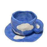 Ceramic coffee cup and coaster, artistic ceramic set, an aesthetic touch that speaks elegance with a hand-drawn cloud drawing
