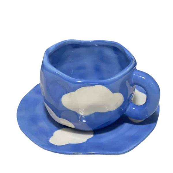 Ceramic coffee cup and coaster, artistic ceramic set, an aesthetic touch that speaks elegance with a hand-drawn cloud drawing
