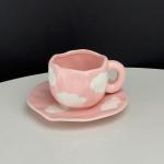 Ceramic coffee cup and coaster, artistic ceramic set, an aesthetic touch that speaks elegance with a hand-drawn cloud drawing