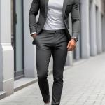 modern gray suit that combines formal and casual elegance. A blend of fabric and polyester materials.