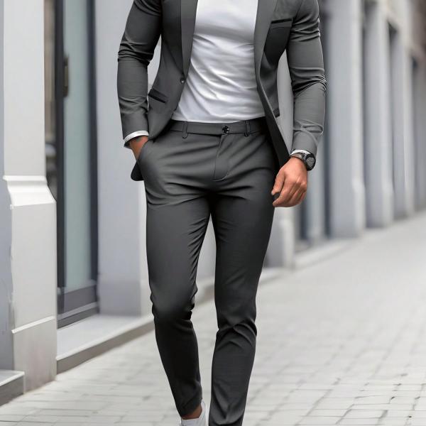 modern gray suit that combines formal and casual elegance. A blend of fabric and polyester materials.