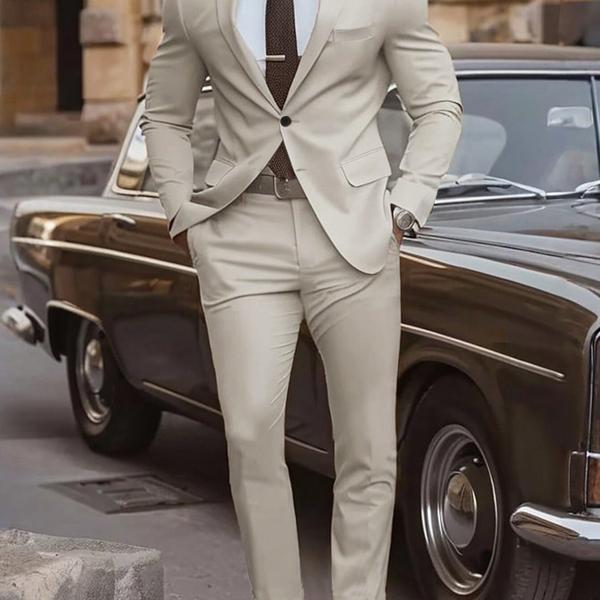 modern gray suit that combines formal and casual elegance. A blend of fabric and polyester materials.
