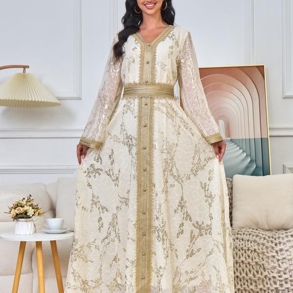 A long, loose, high-tech Moroccan caftan that drapes smoothly over the body, with a V-neckline that accentuates the look.