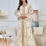 A long, loose, high-tech Moroccan caftan that drapes smoothly over the body, with a V-neckline that accentuates the look.