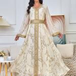 A long, loose, high-tech Moroccan caftan that drapes smoothly over the body, with a V-neckline that accentuates the look.