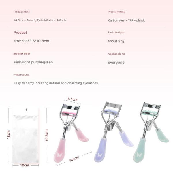 This eyelash curler features a modern design and a handle decorated with a white butterfly. Designed to give you a natural, luscious look without pulling or breaking your lashes.