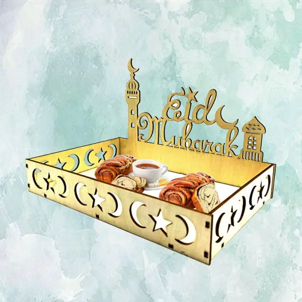 Eid Mubarak Wooden Tray, Wooden Tray for Serving Eid Food, Dinner, Desserts, Pastries, Ornament Display Stand