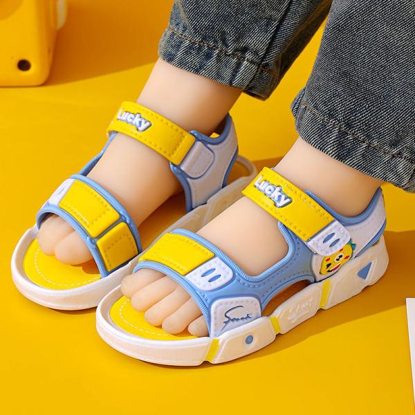 A pair of boys' cartoon design flat sandals with hook and loop, cute for summer