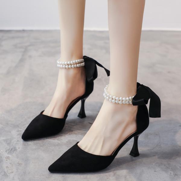 Women's Black High Heel Pumps - Pointed Toe Design with Elegant Bow and Luxurious Pearls