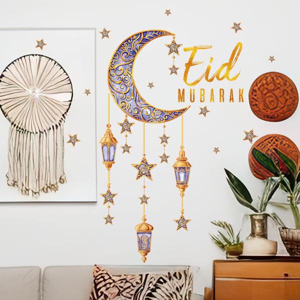 Crescent and lanterns wall decoration with the phrase Eid Mubarak