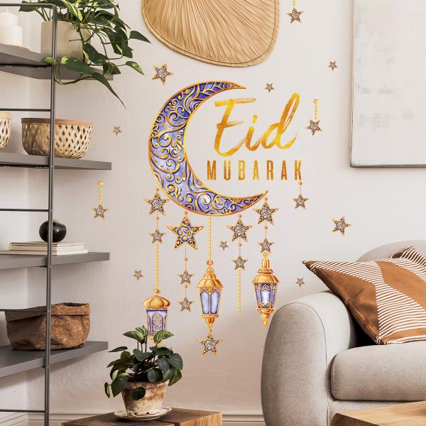Crescent and lanterns wall decoration with the phrase Eid Mubarak