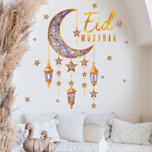 Crescent and lanterns wall decoration with the phrase Eid Mubarak