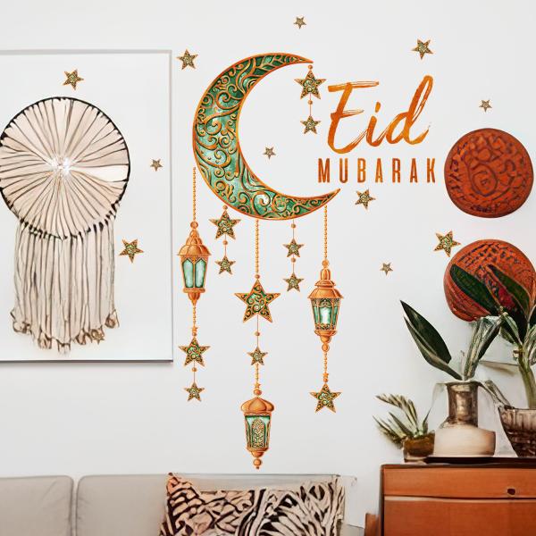 Crescent and lanterns wall decoration with the phrase Eid Mubarak