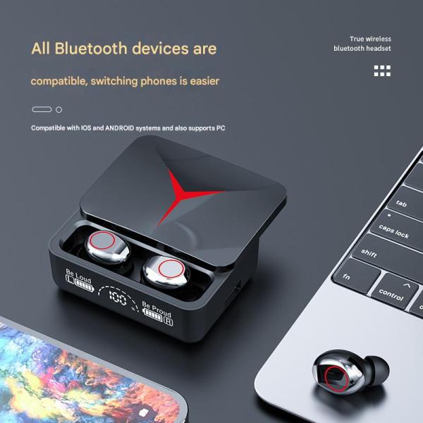 Wireless headphones with a battery life of more than 48 hours, suitable for sports, compatible with Android and iOS devices, support voice calls, and come with a bag to store the headphones.